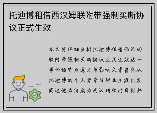 托迪博租借西汉姆联附带强制买断协议正式生效 托迪博租借西汉姆联附带强制买断协议正式生效